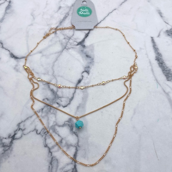 New Jolli Molli Layered Necklace Faux Turquoise Gold Tone - Picture 3 of 6